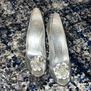 Casadei Silver High-Heeled Pumps with Crystal Embellishment